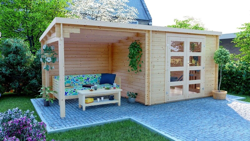 Gartenhaus Flachdach 28mm GerÃ¤Tehaus Holz Anbau 3x2.4+2.4m Harz Eb28236ofl