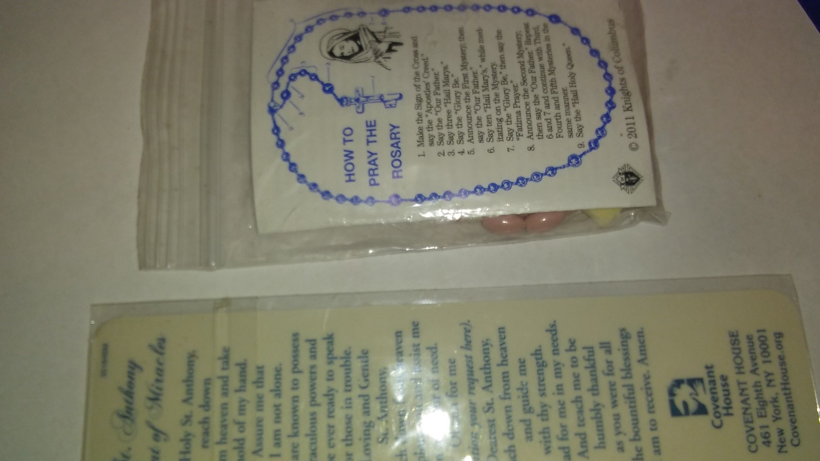 Religious bookmark St Anthony and pkg of rosary beads and a free token