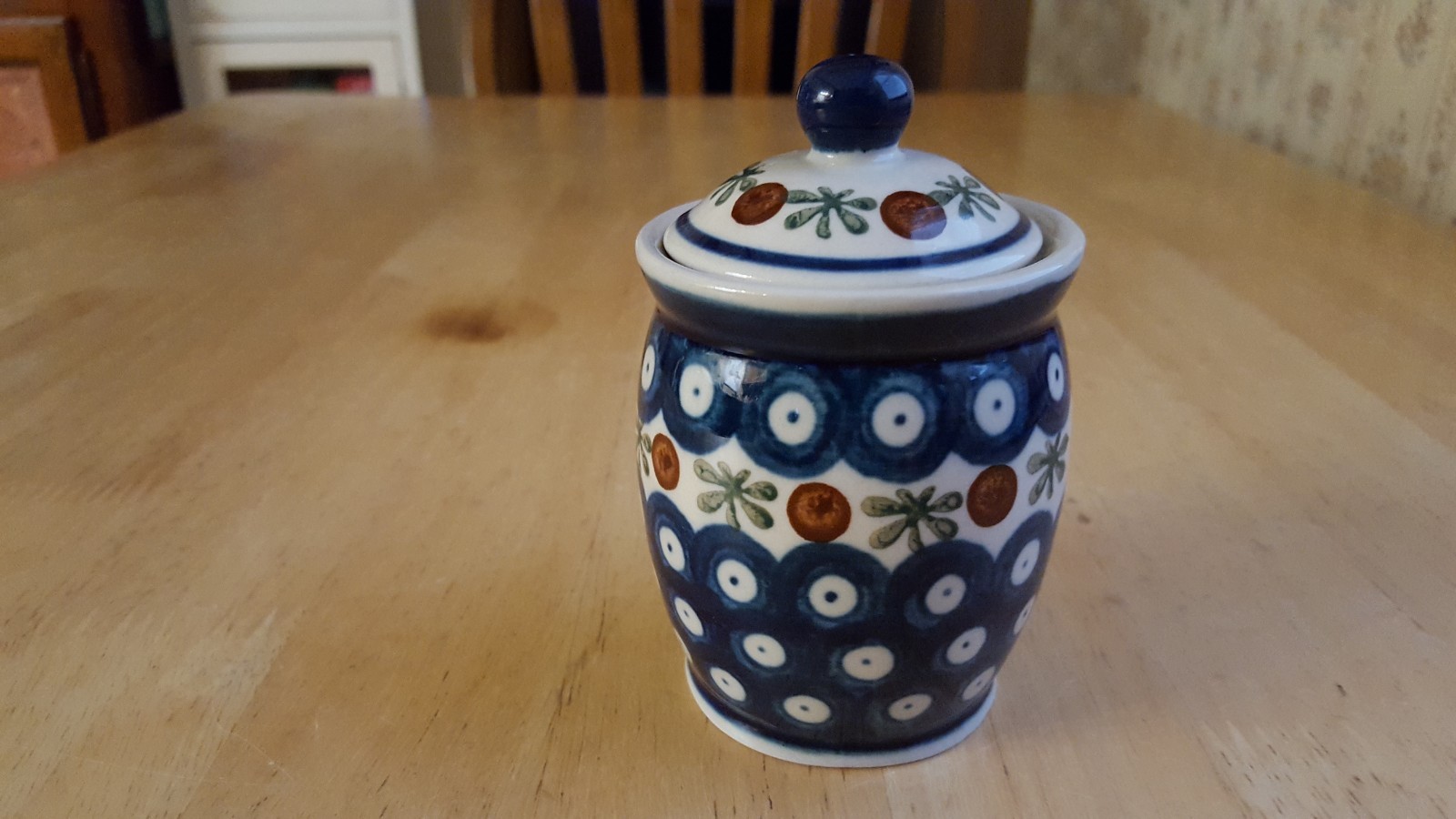 Small Vintage Polish Pottery Boleslawiec Blue Peacock Dots Canister 4