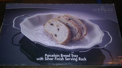 GODINGER Porcelain Bread Tray With Silver Finish Serving Rack NIB BLESS THIS HOU