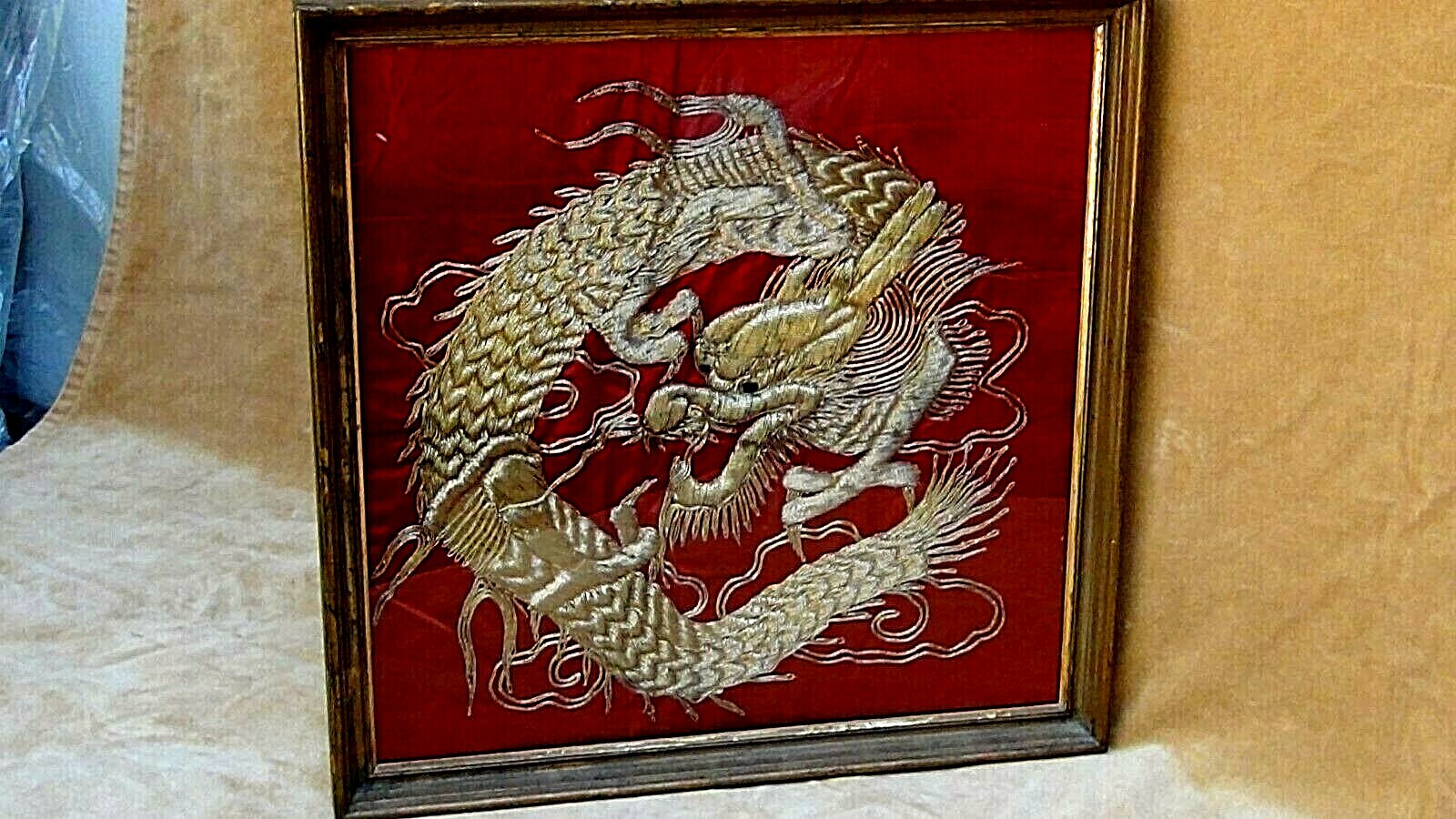 ANTIQUE 19c CHINESE RELIEF GOLD THREAD EMBROIDERY DRAGON ON