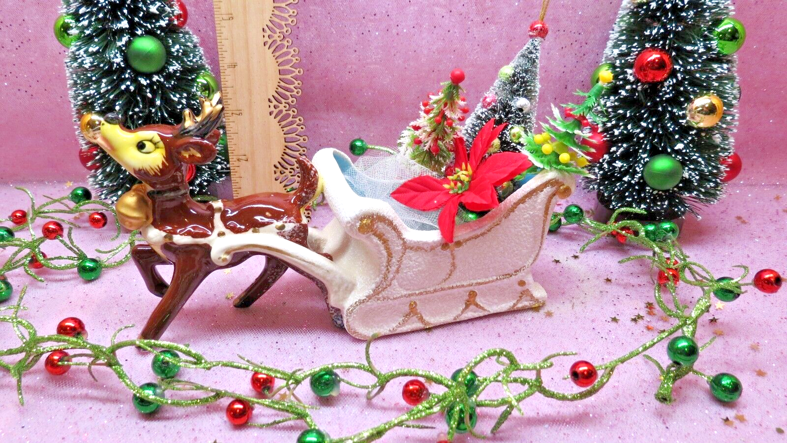 Vtg Mid Century DICKSON Christmas Rudolph REINDEER W Sleigh Jingle Bell TREES Vtg Mid Century DICKSON Christmas Rudolph REINDEER W Sleigh Jingle Bell TREES