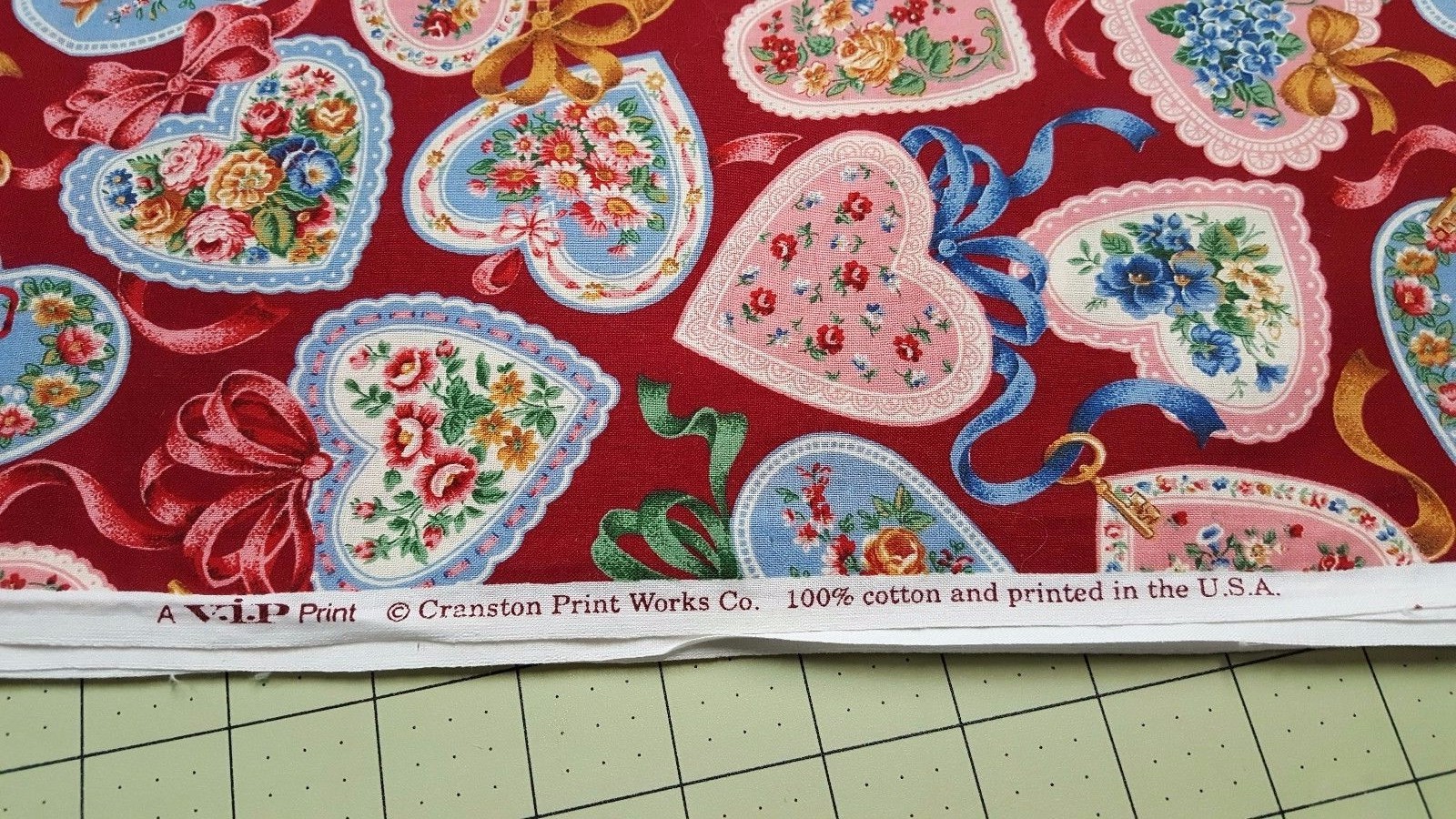 VIP Cranston Print Works Hearts Bows Ribbons Flowers Rich Reds Fabric 34