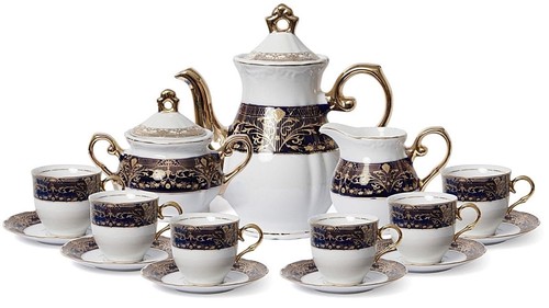 Euro Porcelain 17-pc Coffee/Tea Set for 6 Luxury Dinnerware Service w/ 24K Gold