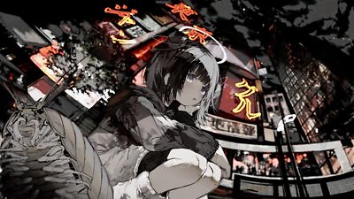 Anime Girls City Lights Neon Lights Nimbus Dark  Gaming Mat Desk 47423