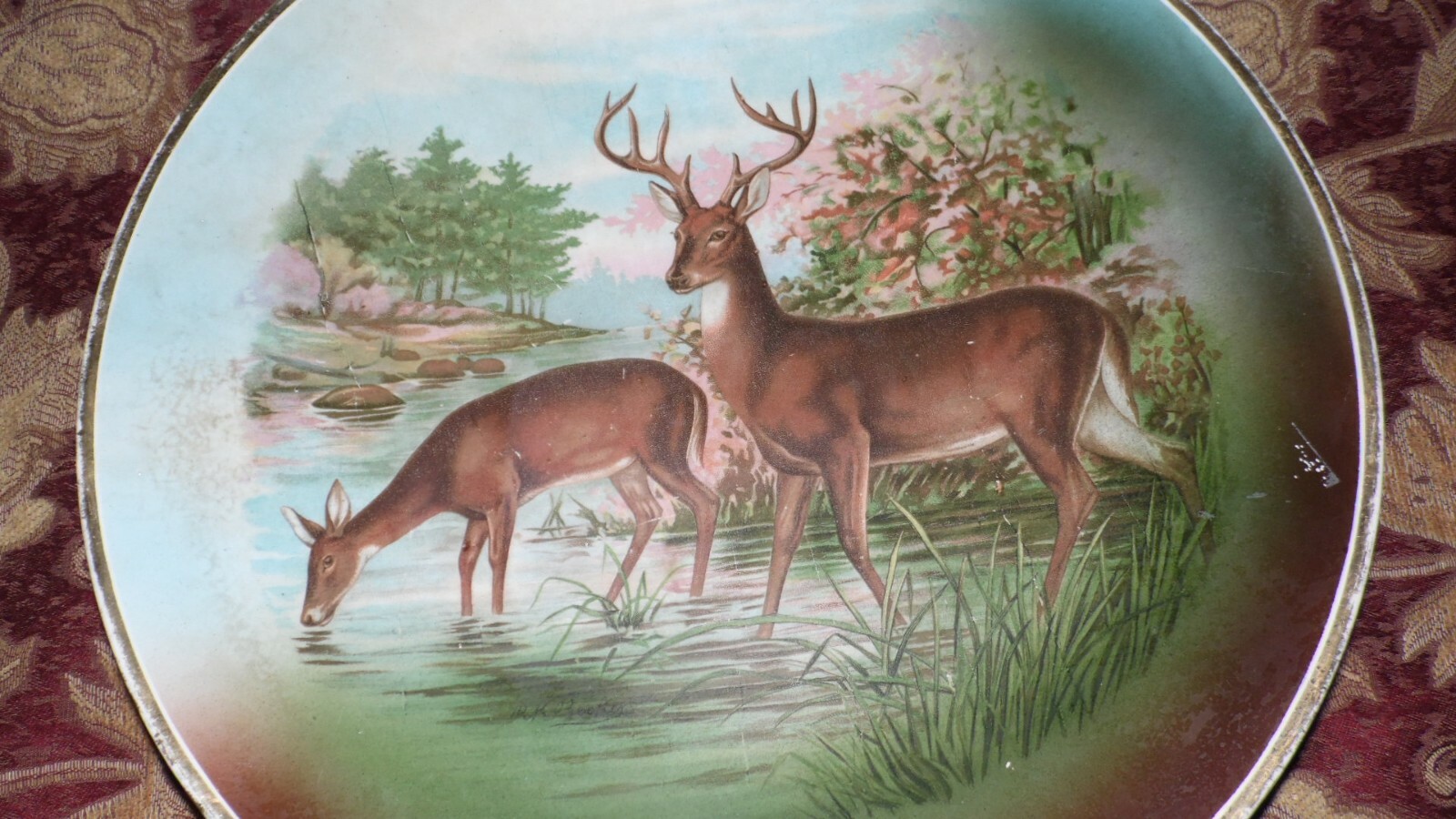 DRESDEN CHINA DEER IN STREAM PLATTER PLATE GOLD EDGING