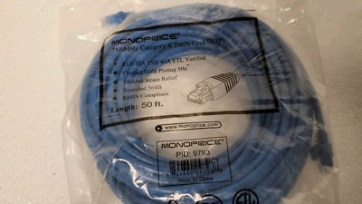 Monoprice Cat6 Cat 6 Patch Cable Cord RJ45 Contact Gold Plated 50 FT Blue