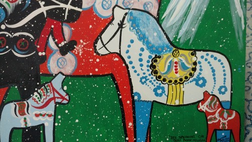 Snowing on dala horse mountain....original art...Swedish