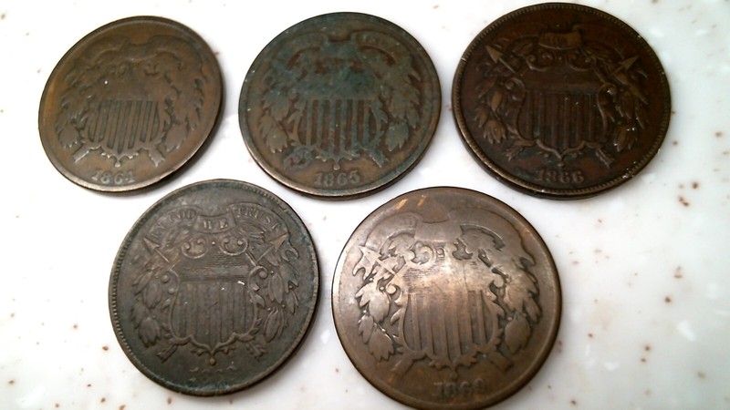 2 Cent coin lot of (5) 1864, 1865, 1866, 1868,