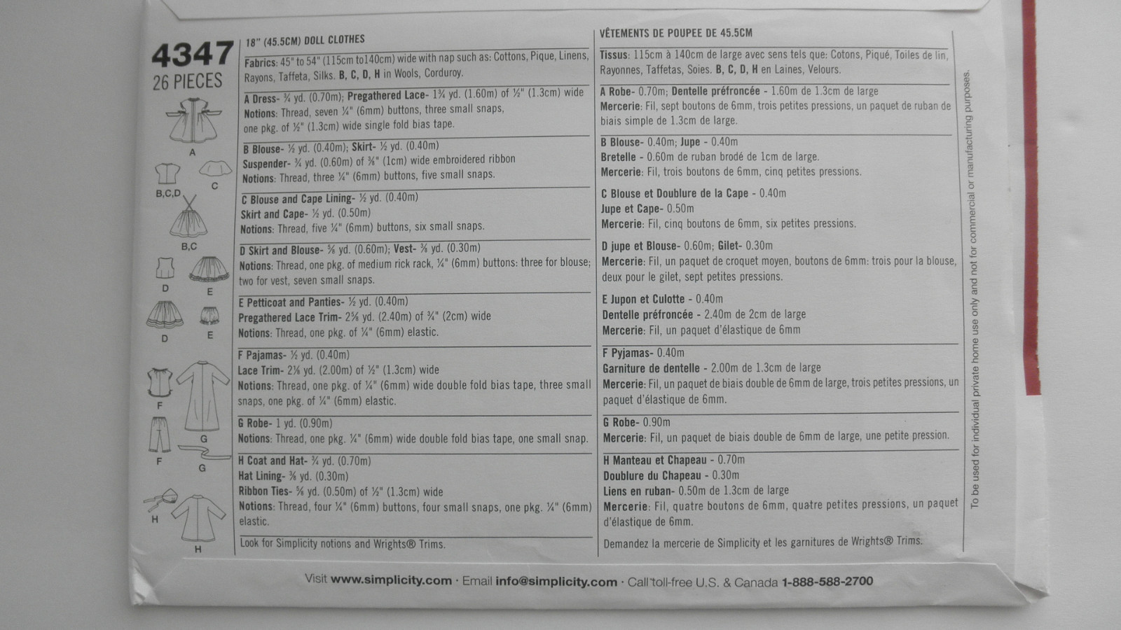 New Simplicity Archives 18'' Doll Clothes Pattern 4347 One Size Uncut