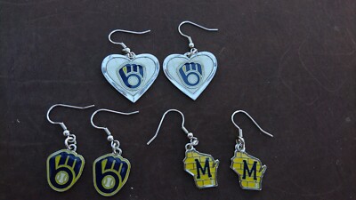 3 MILWAUKEE BREWERS MLB LISCENSED EARRINGS (3 PAIR BUNDLE) NEW & FACTORY SEALED