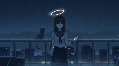 Anime Girls Nimbus Rain Cats City City Lights  Gaming Mat Desk 49094