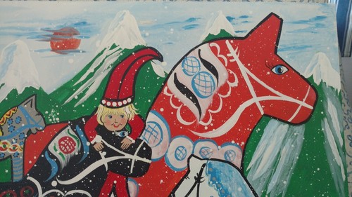 Snowing on dala horse mountain....original art...Swedish