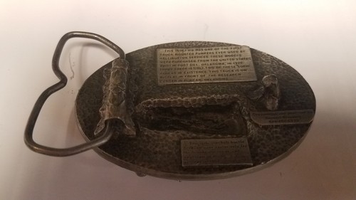 NH02109 GREAT VINTAGE 1982 **HALLIBURTON** 1916 FWD PUMP TRUCK PEWTER BUCKLE Red