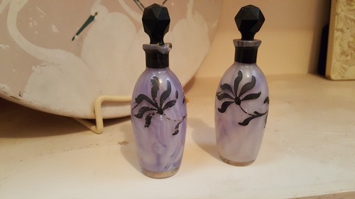 Pair Antique French Art Glass Perfume Bottles, Silver Overlay, free ship!