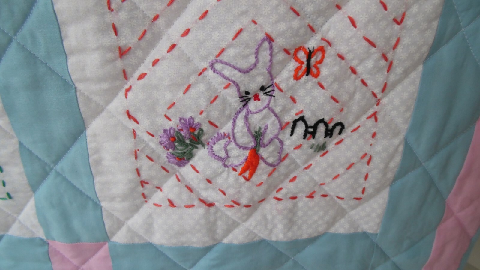 BABY EASTER QUILT HANDCRAFTED  HAND ENBROIDERED BUNNIES, MACHINE QUILTED 39