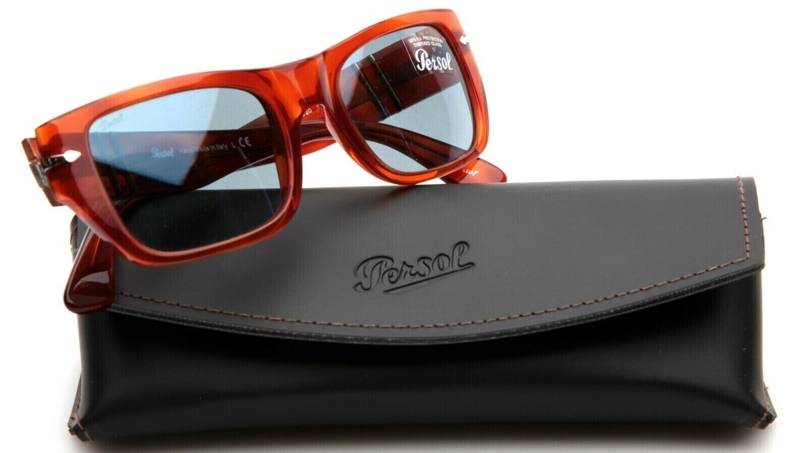 Pre-owned Persol Rectangle Terra Di Siena Crystal Light Blue Sunglasses Po3268s 96/56 In Crystal Light Blue Non Polarized Mineral Glass