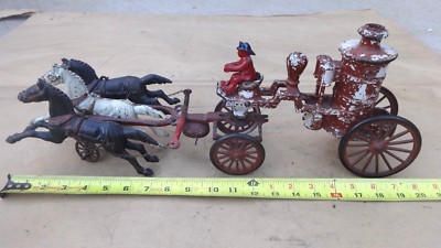 Early IVES CAST IRON 3 HORSE DRAWN FIRE WATER PUMPER Original Vintage large toy