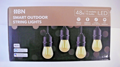 HBN Outdoor Patio Light LED Lights Smart String Light - 48ft, 15 Round Bulbs NEW