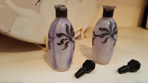 Pair Antique French Art Glass Perfume Bottles, Silver Overlay, free ship!