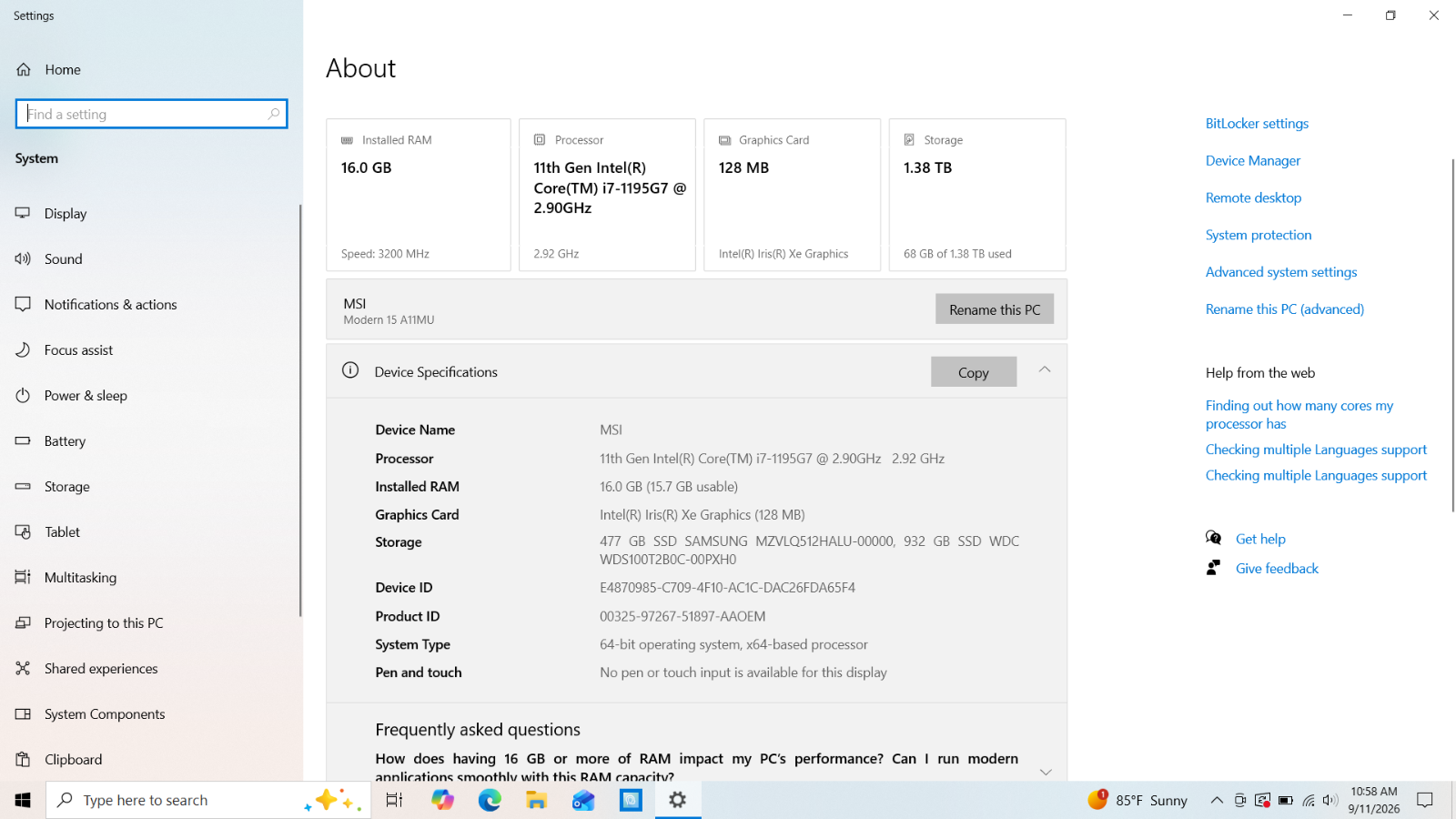 MSI Modern 15 A11M 15.6" FHD i7-1195G7 16GB 512GB+1TB SSD Win 10 - Thumbnail 17