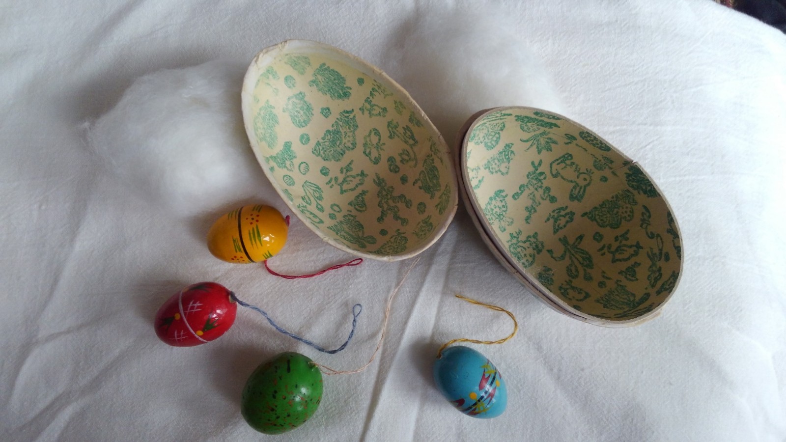 4 Vintage Hand Painted Egg Ornaments Christmas & Easter with one large paper egg