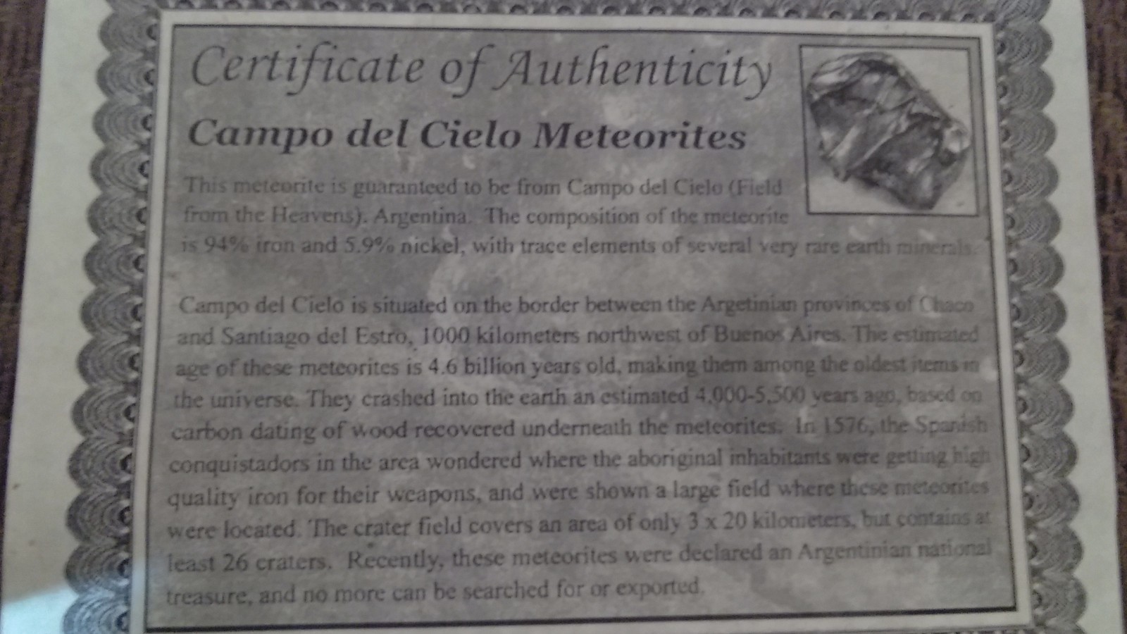 Campo del Cielo Meteorites COA get all 10