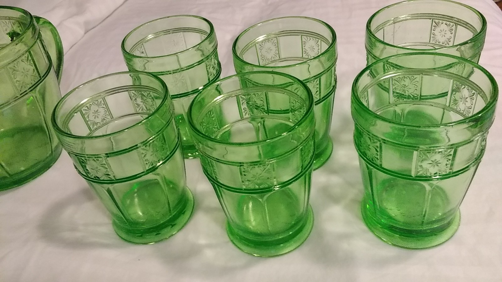 Vintage Green Depression glass Doric Water set. Rare tumblers.