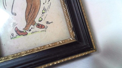 FRAMED GOLFER CARTOON DRAWING SIGNED BB LONDON COLORED