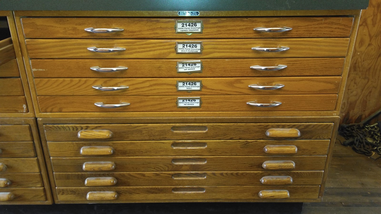 Mayline Oak Flat File Cabinet 20 Drawer unit with top and base Drafting