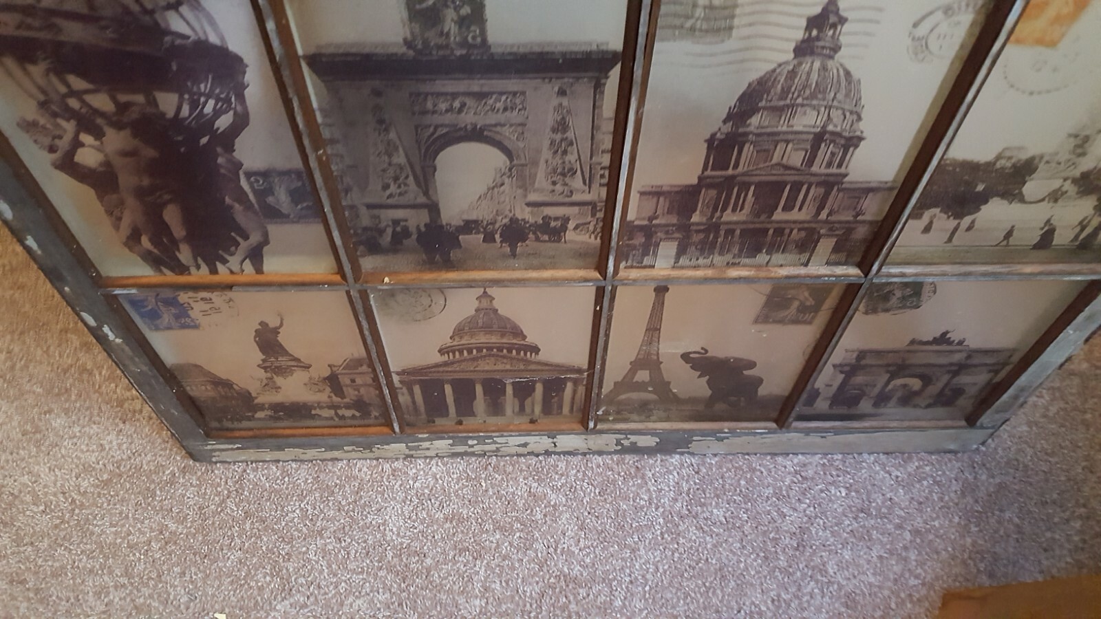 28x40 Antique Large Panelled Window Frame Decor Wallhanger Postcard Stenciled