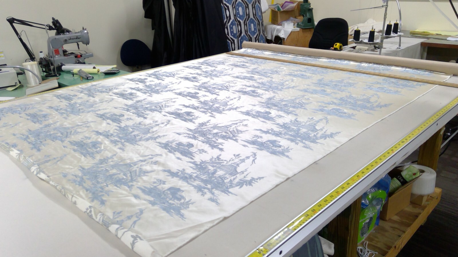 DESIGNER FABRIC - Silk Brocade Fabric-Cream & Light Blue-Chinese Theme