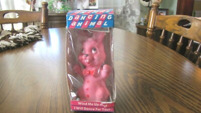 Vintage 1966 USA Wind-Up Dancing Pink Rabbit  Animal & Original Box,Toy Mint