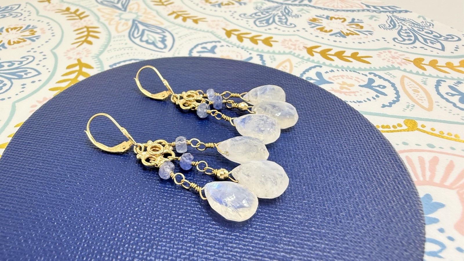 14k Yellow Gold Genuine Rainbow Moonstone and Sapphire Chandelier Earrings, - Picture 5 of 11