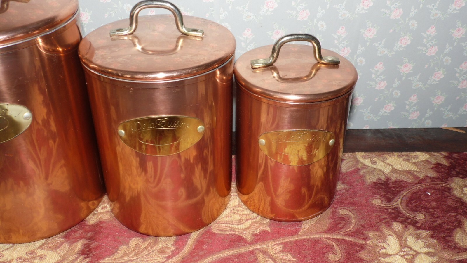 VINTAGE COPPER BRASS COLORED METAL CANISTER SET DELA CUISINE OF 4