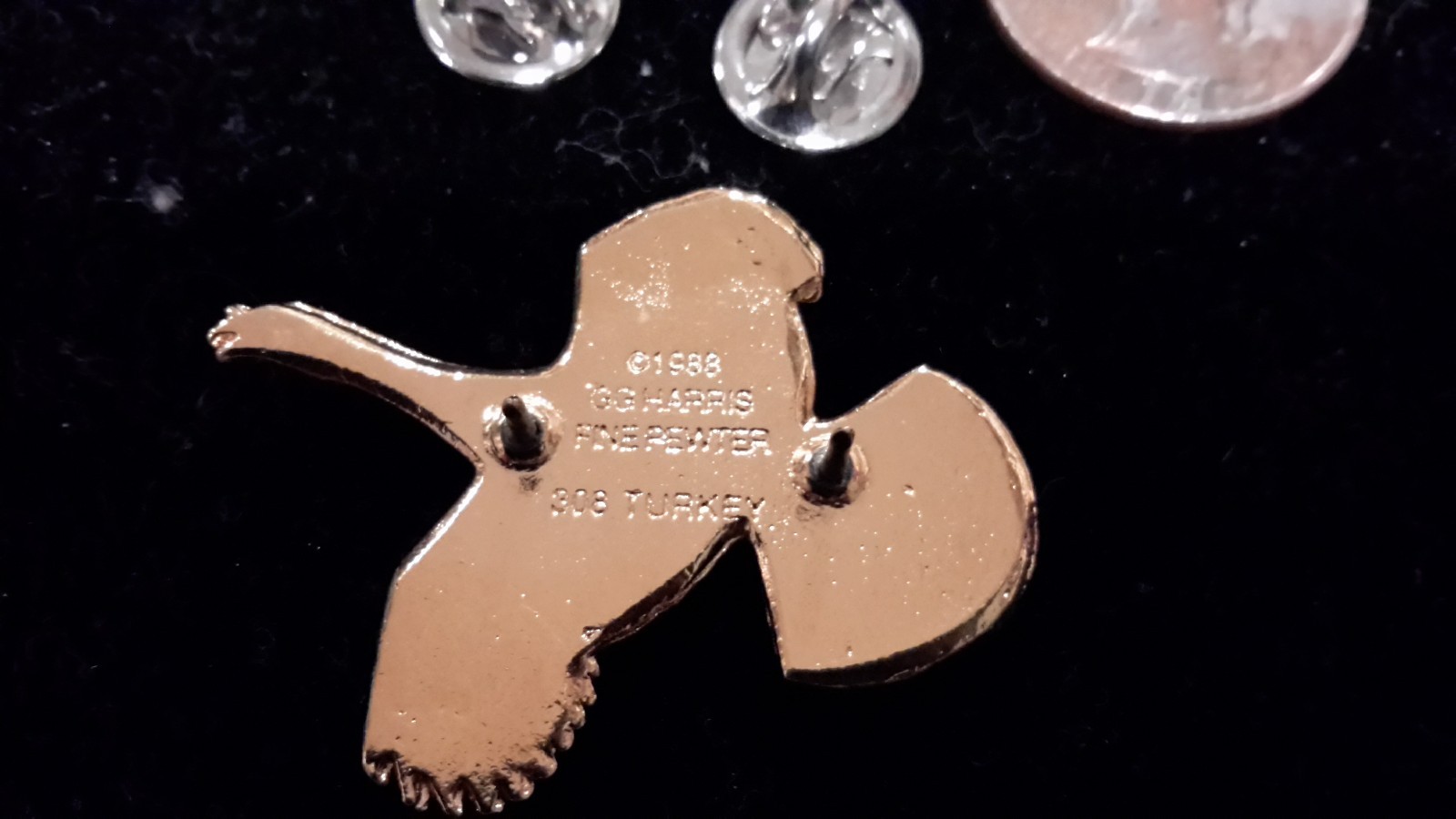 Fine Pewter  Goldtone.Turkey Pin GG Harris 1988 Pinback Tie Tack Lapel Pin