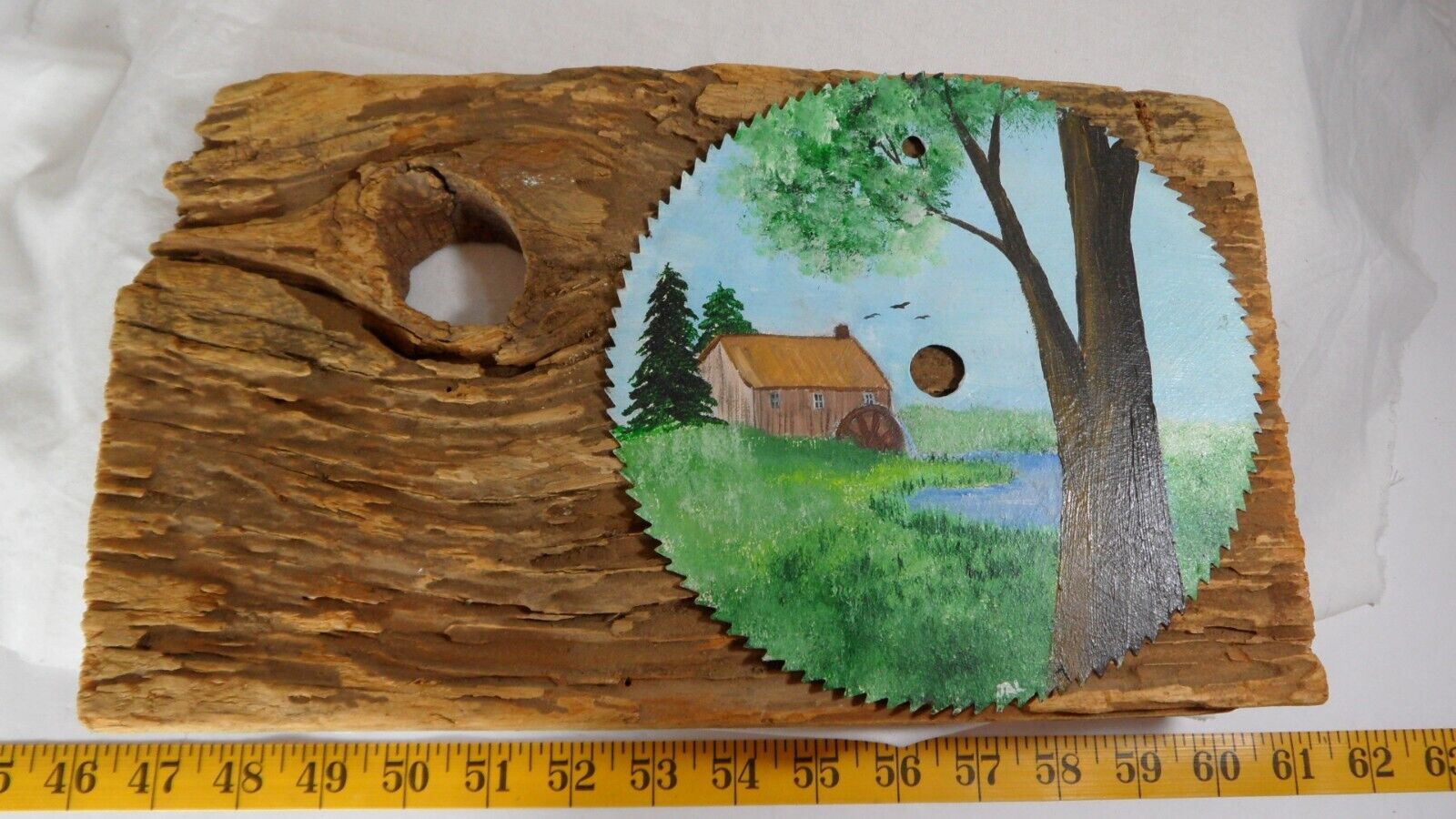 Hand Painted Saw Blade on Wood Decor Signed JAL Old Water Wheel Mill Landscape