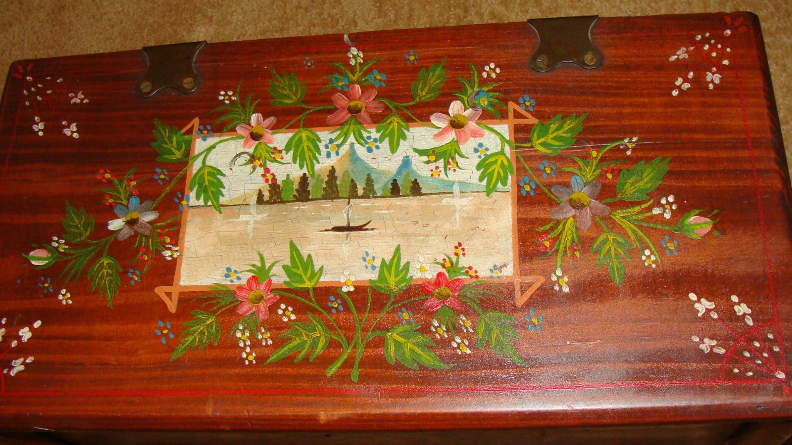 Antique Folk Art Chest painted pictorial  decoration primative unique Box