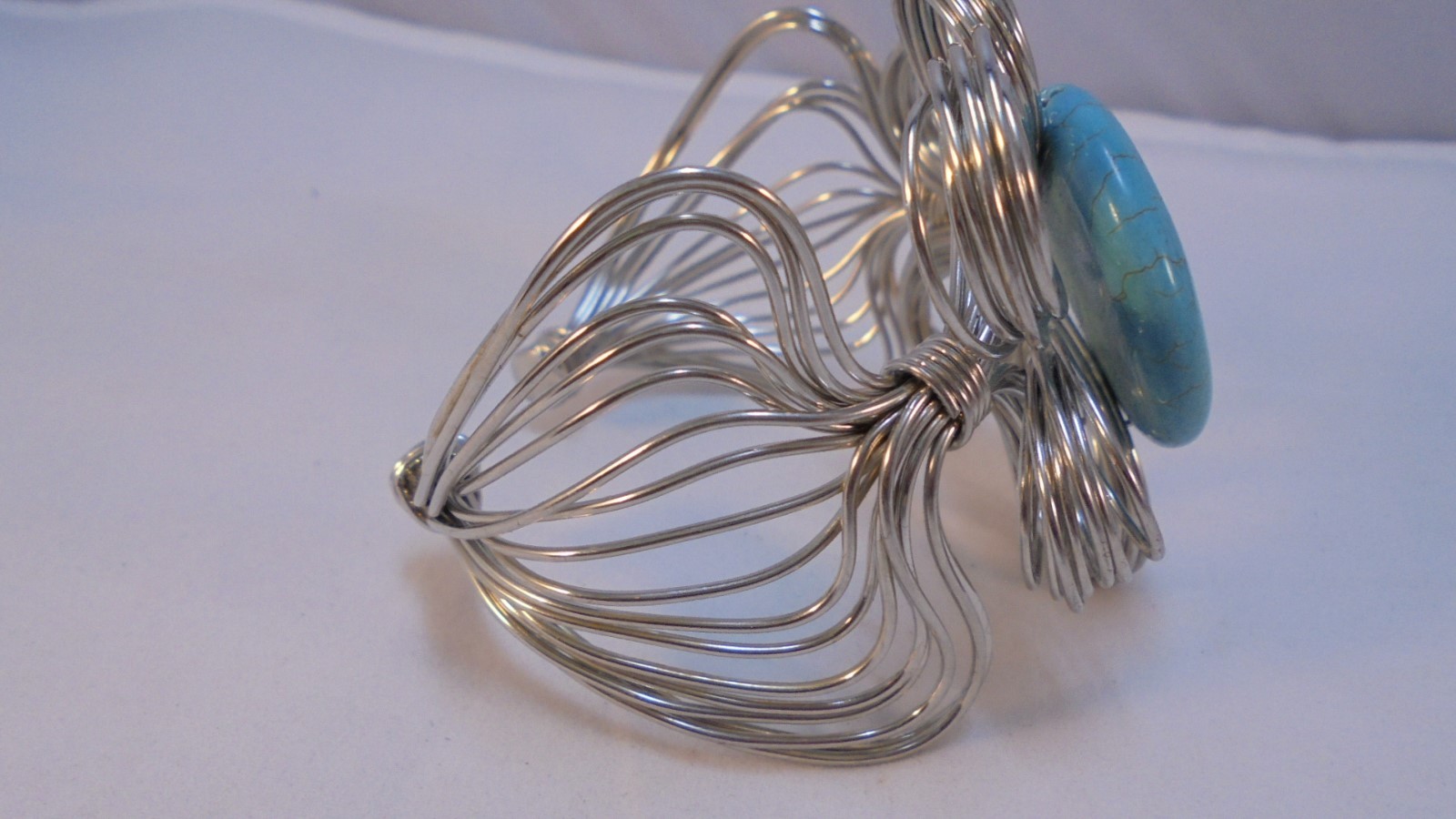 Cuff Bracelet Silver Colored metal Wrapped Wire Style w/ Turquoise Colored stone