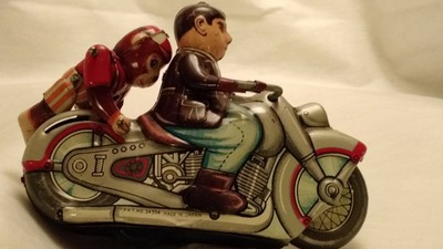 Vintage 50s Tin Wind-up Toy Kanto Japan Motorcycle Rider with Monkey Acrobat