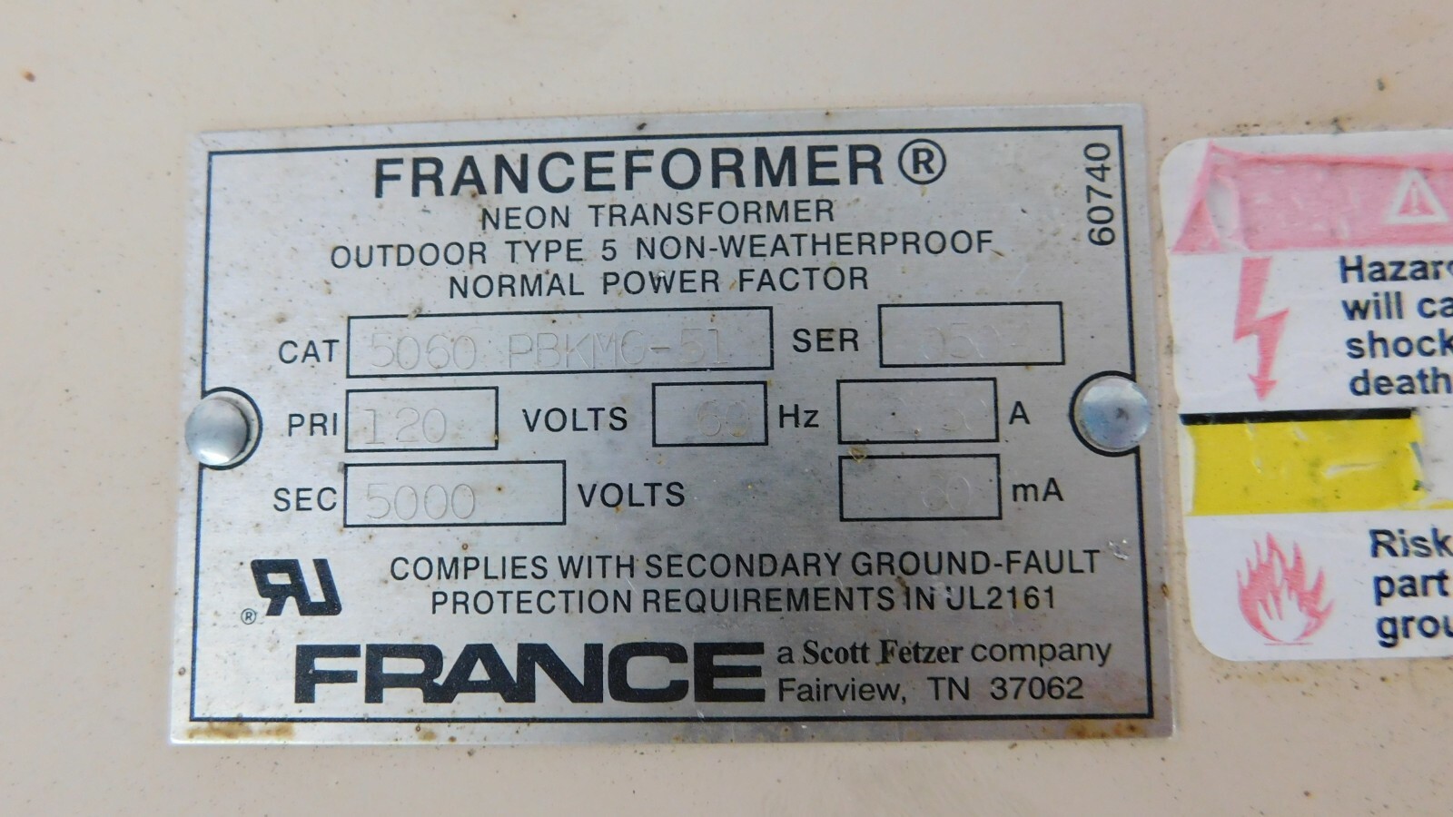 FRANCE Neon Transformer  FRANCEFORMER   5060 PBKMG-51 5000 VOLTS 60HZ 120VAC