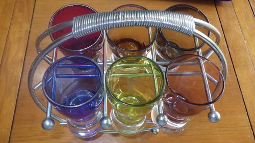 Colorful Cordial Shot Liqueur glasses in Round Chrome Carrier GUC Red Yellow +