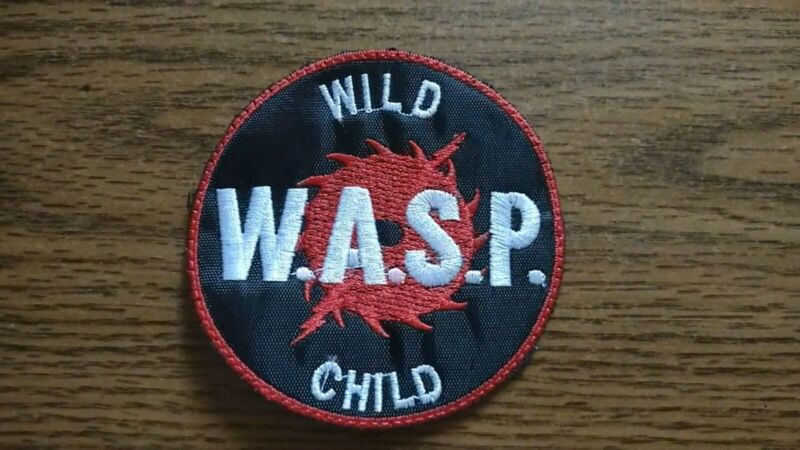 WASP,WILD CHILD,SEW ON RED AND WHITE EMBROIDERED PATCH