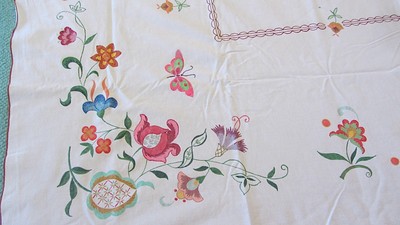 VintageTablecloth 66 x 53 HAND PAINTED Flowers Print Floral