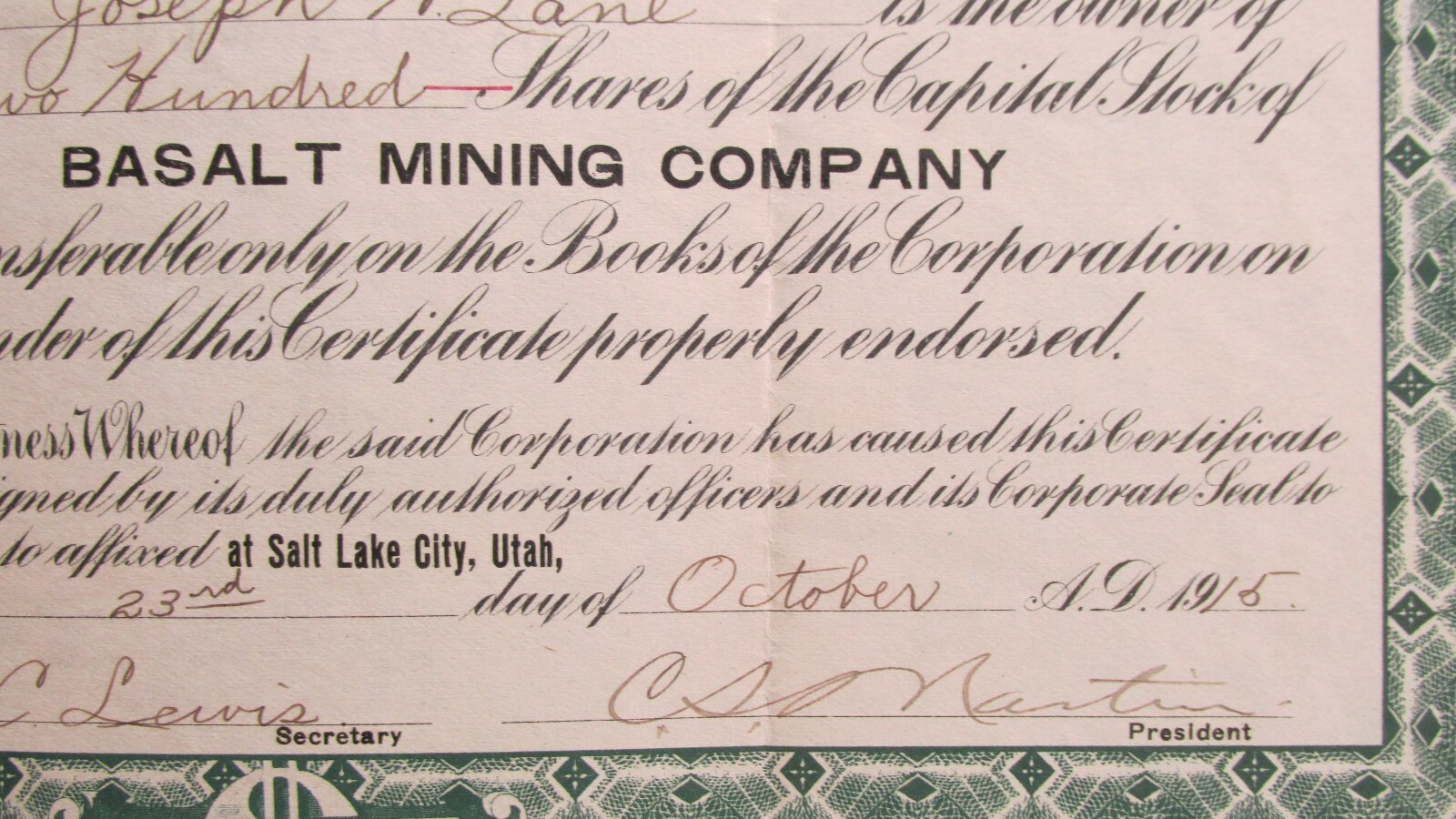 1915 Basalt Mining Company Stock-Salt Lake City Utah-Signed-Uncancelled-5 Cents