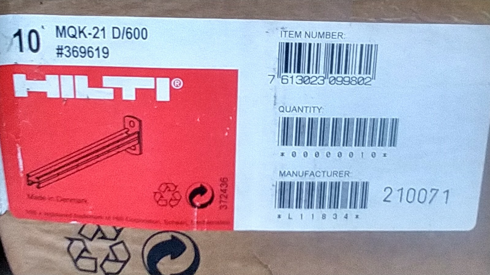 HILTI MODEL NO. 369619 MQK-21 D/600 INSTALLATION CHANNEL