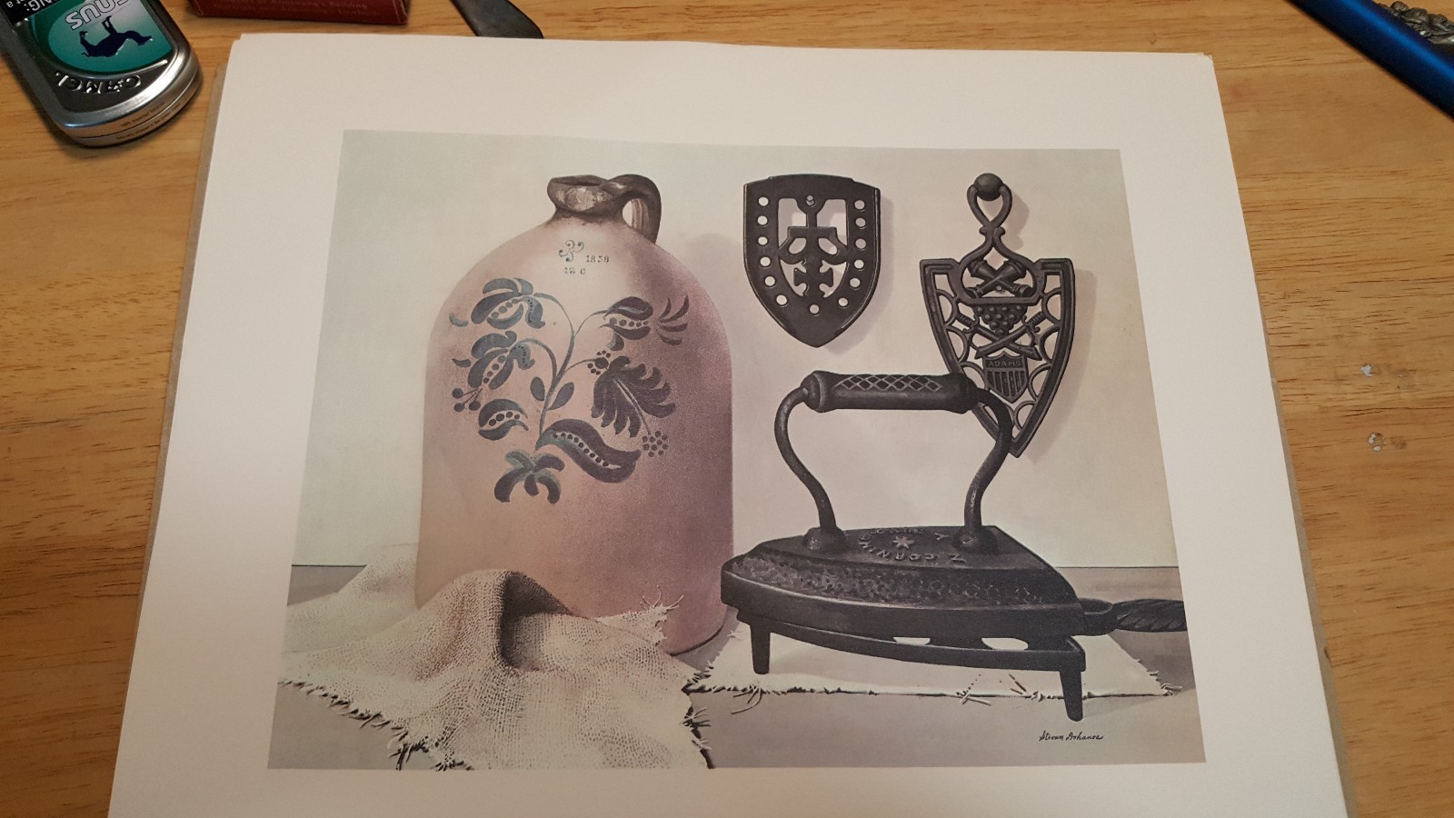 Vtg  Print Signed Stevan Dohanos - 13 1/2 x 11 1/2 - Antique Irons an Crock