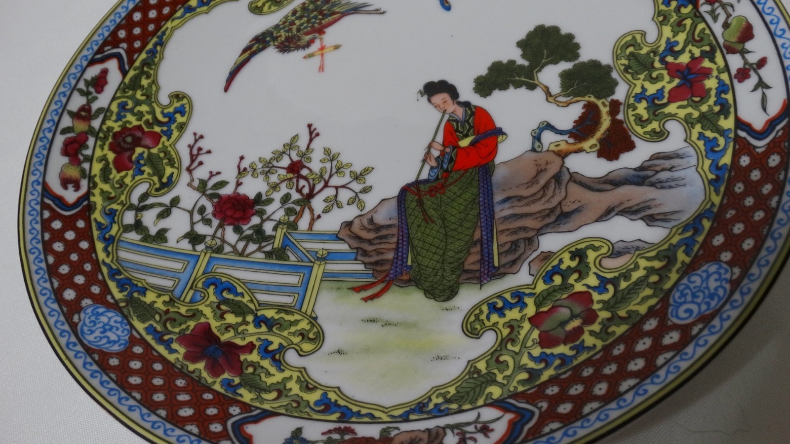 Oriental China Plate Geisha In a Garden with Avian Messenger