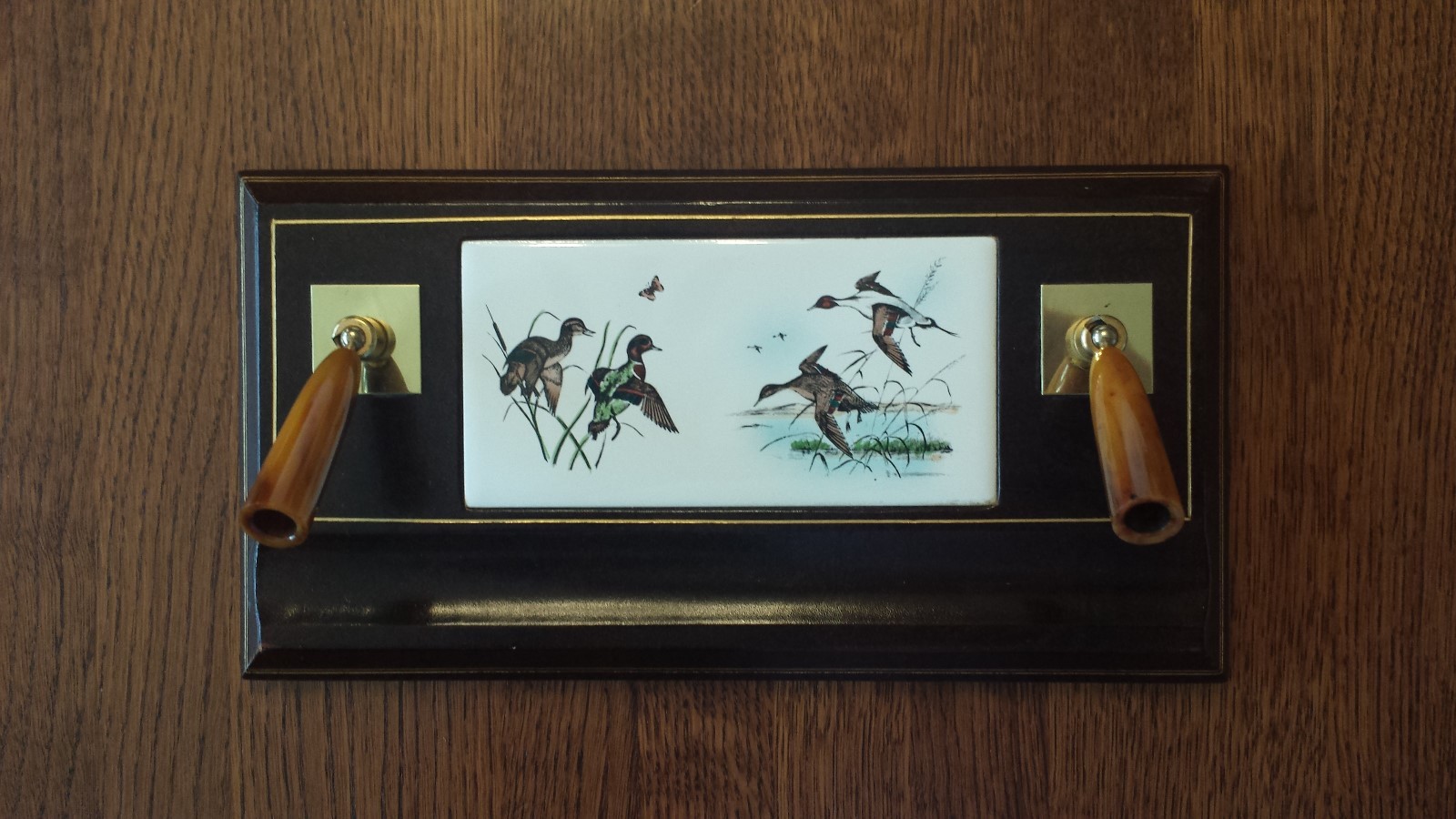 Vtg Desktop Dual Bakelite Pen Holders on Leather Covered Base Ceramic Duck Tile