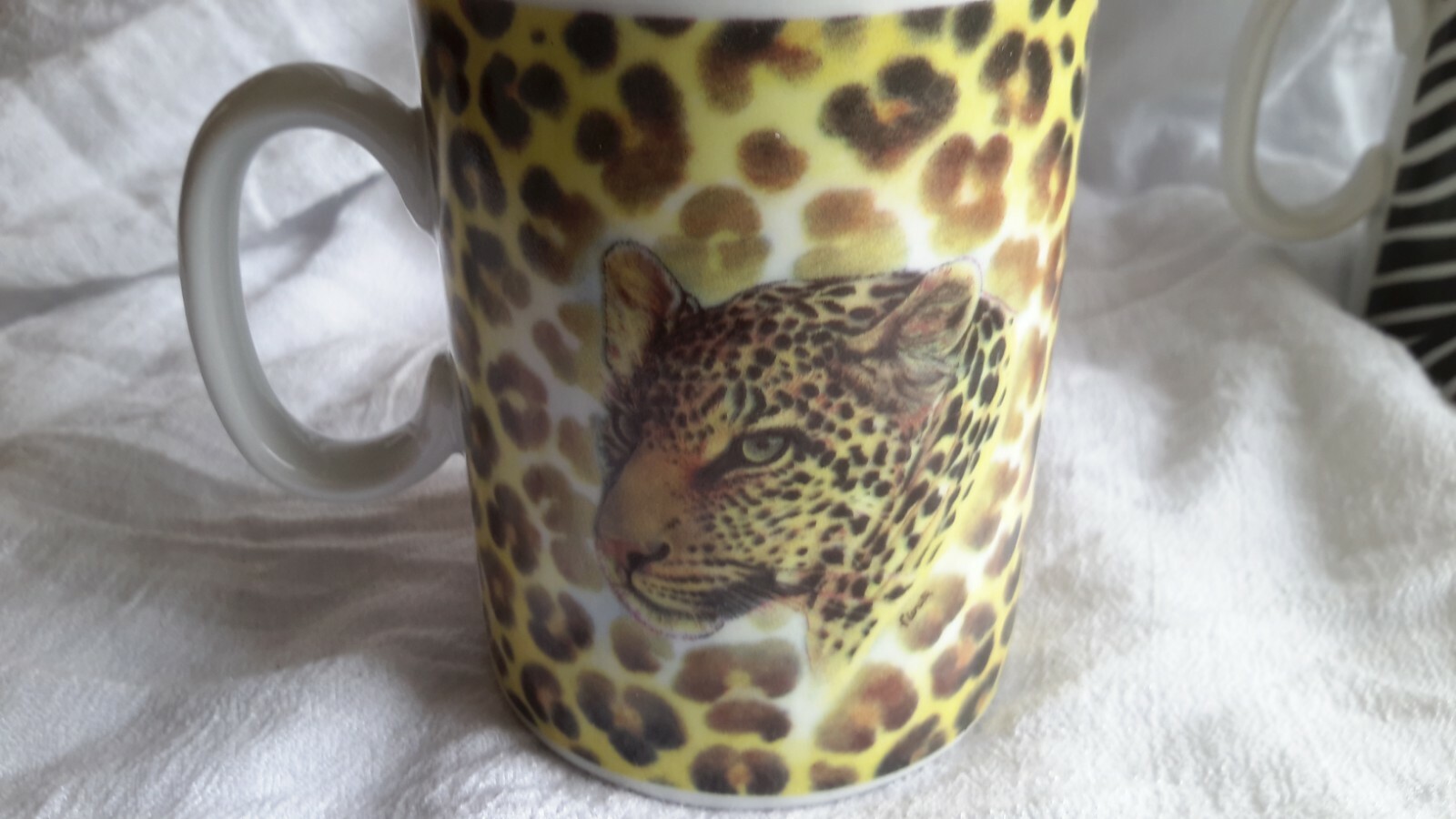 1855 EMAIL DE LIMOGES MUGS LEOPARD & ZEBRA I. GODLINGER COFFEE CUP PAIR DESIGNER